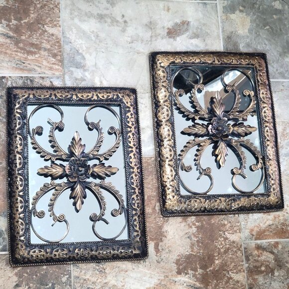 Wall Hanging Decor Mirror Metal Floral Pattern Overlay Wrought Metal Frame - Picture 13 of 13